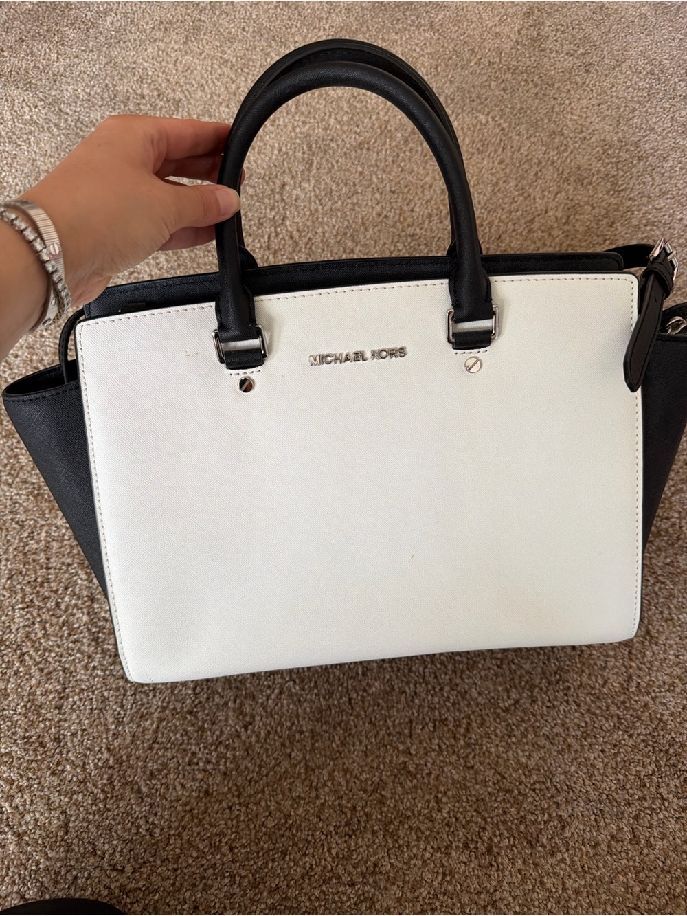 Michael Kors Black and White Saffiano Leather Satchel with Top Handles